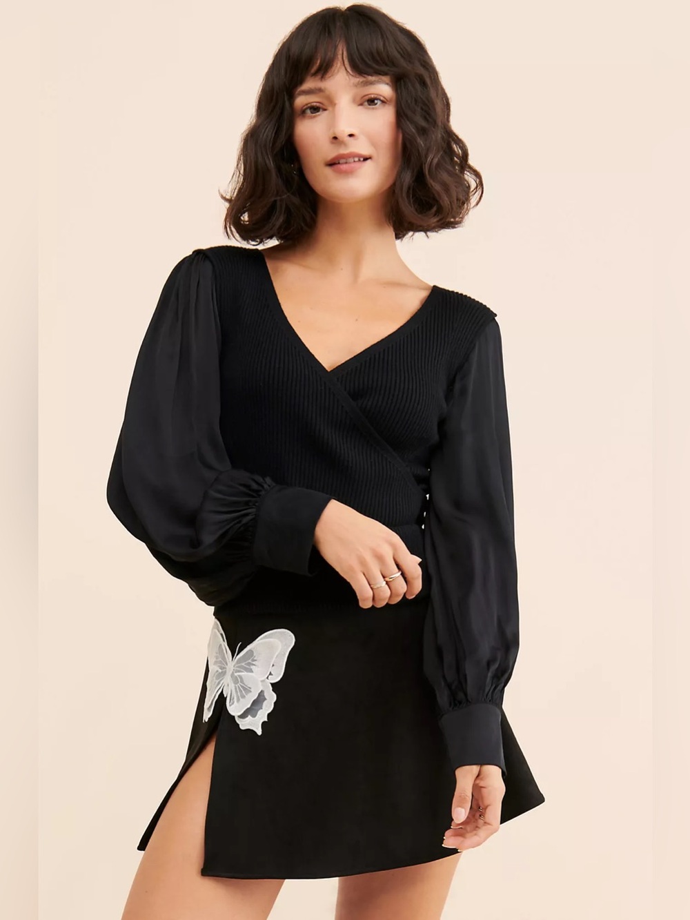 Anthropologie || Twofer Faux-Wrap Sweater Satin Balloon Sleeves Black